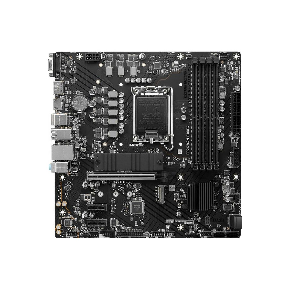 A large main feature product image of MSI PRO B760M-P DDR4 LGA1700 mATX Desktop Motherboard