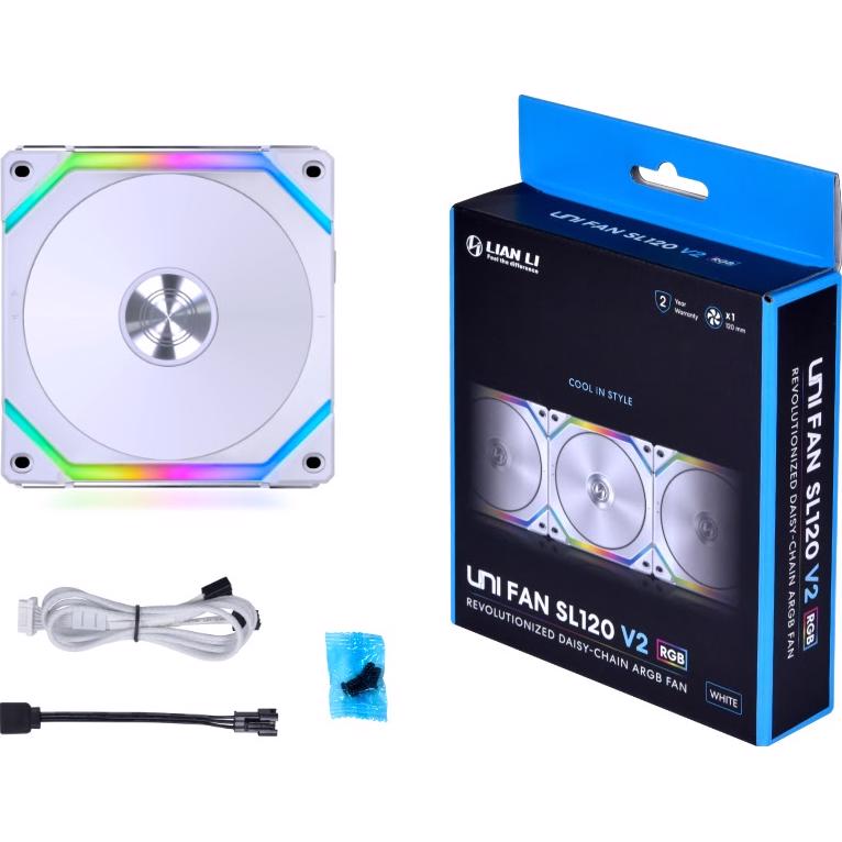 A large main feature product image of Lian Li UNI FAN SL120 V2 - 120mm Modular Fan (White)