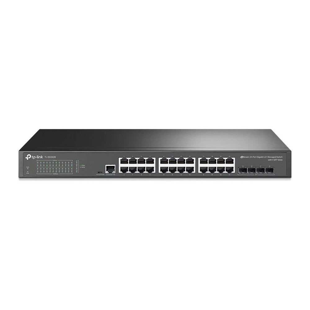 A large main feature product image of TP-Link JetStream SG3428 - 24-Port Gigabit L2 Managed Switch with 4 SFP Slots