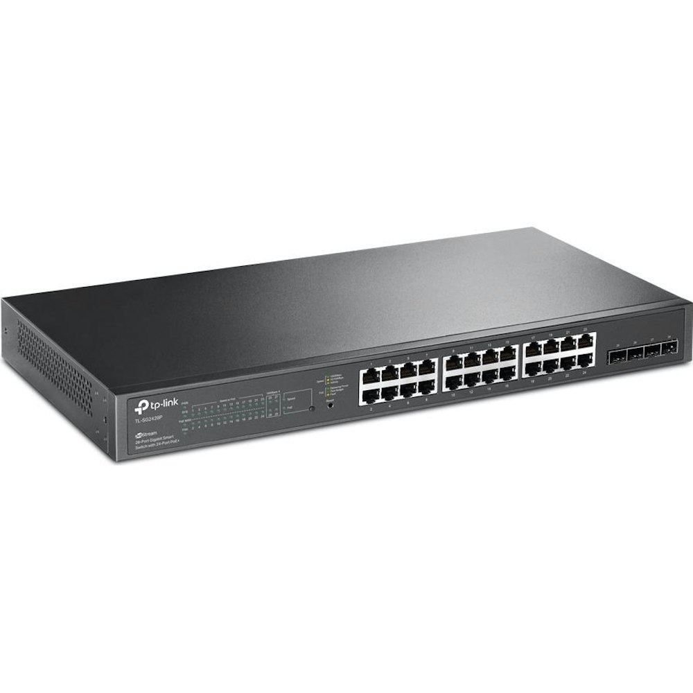 A large main feature product image of TP-Link JetStream SG2428P - 28-Port Gigabit Smart Switch with 24-Port PoE+