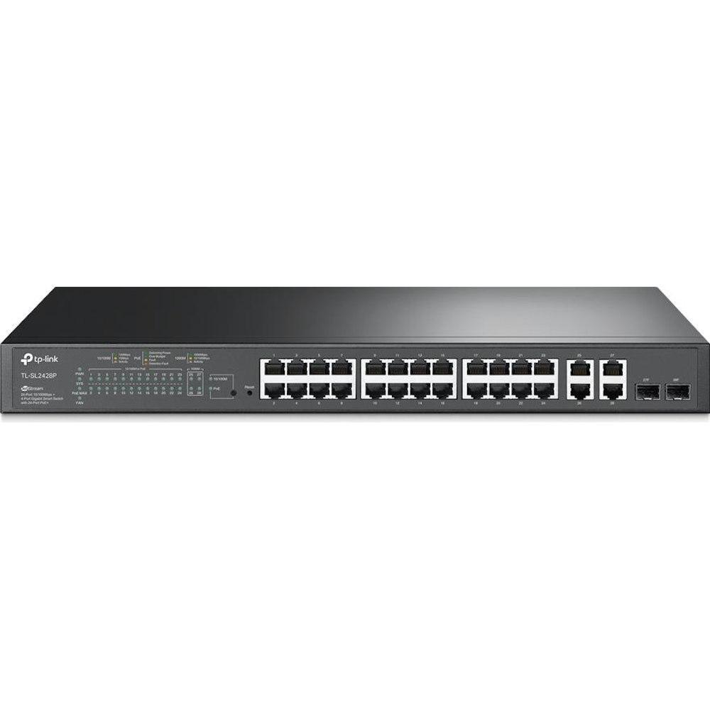 A large main feature product image of TP-Link JetStream SL2428P - 24-Port 10/100Mbps + 4-Port Gigabit Smart Switch with 24-Port PoE+