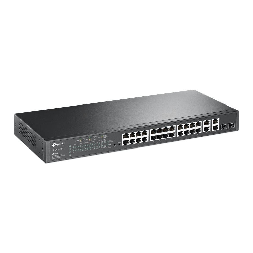 A large main feature product image of TP-Link JetStream SL2428P - 24-Port 10/100Mbps + 4-Port Gigabit Smart Switch with 24-Port PoE+