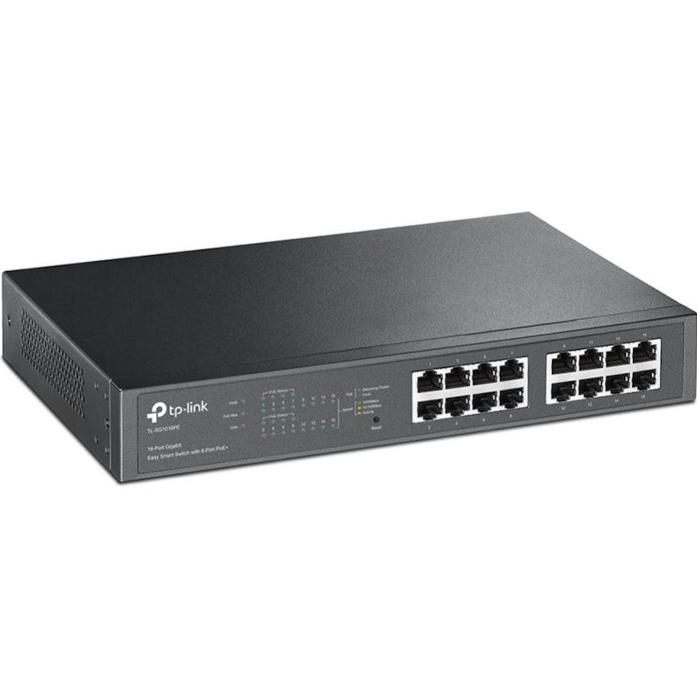 A large main feature product image of TP-Link SG1016PE - 16-Port Gigabit Easy Smart Switch with 8-Port PoE+