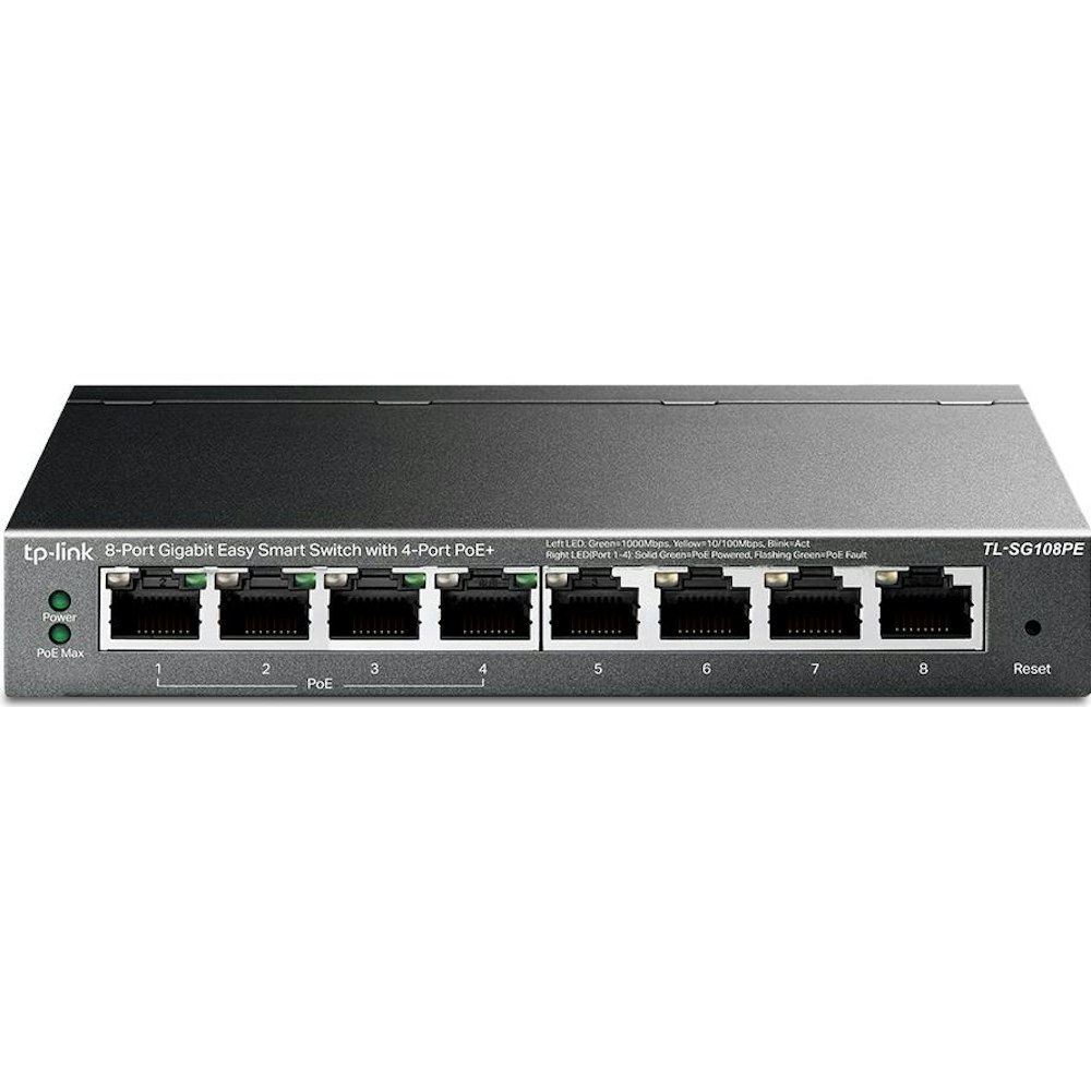 A large main feature product image of TP-Link SG108PE - 8-Port Gigabit Easy Smart Switch