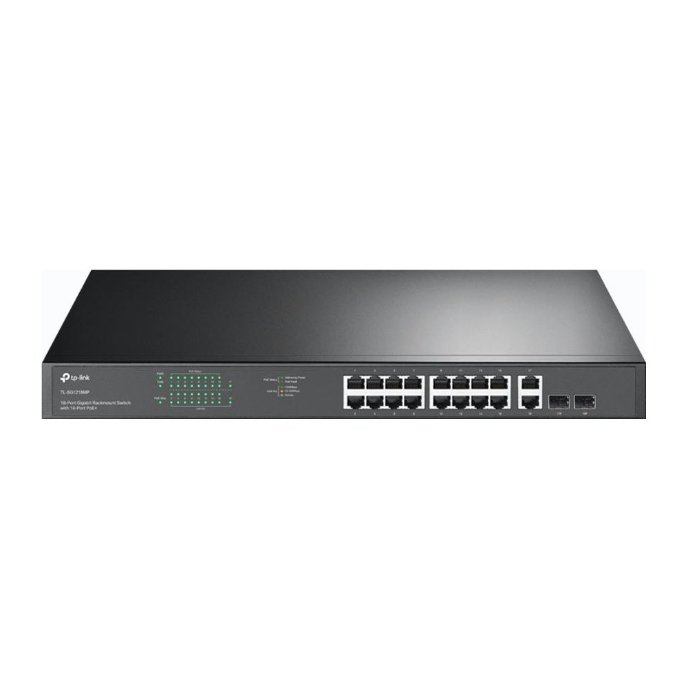 A large main feature product image of TP-Link SG1218MP - 18-Port Gigabit Rackmount Switch with 16 PoE+