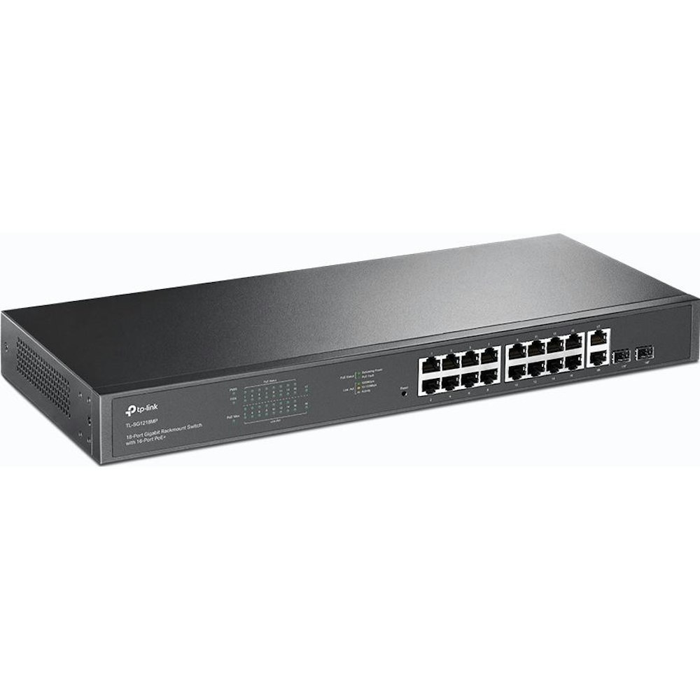 A large main feature product image of TP-Link SG1218MP - 18-Port Gigabit Rackmount Switch with 16 PoE+