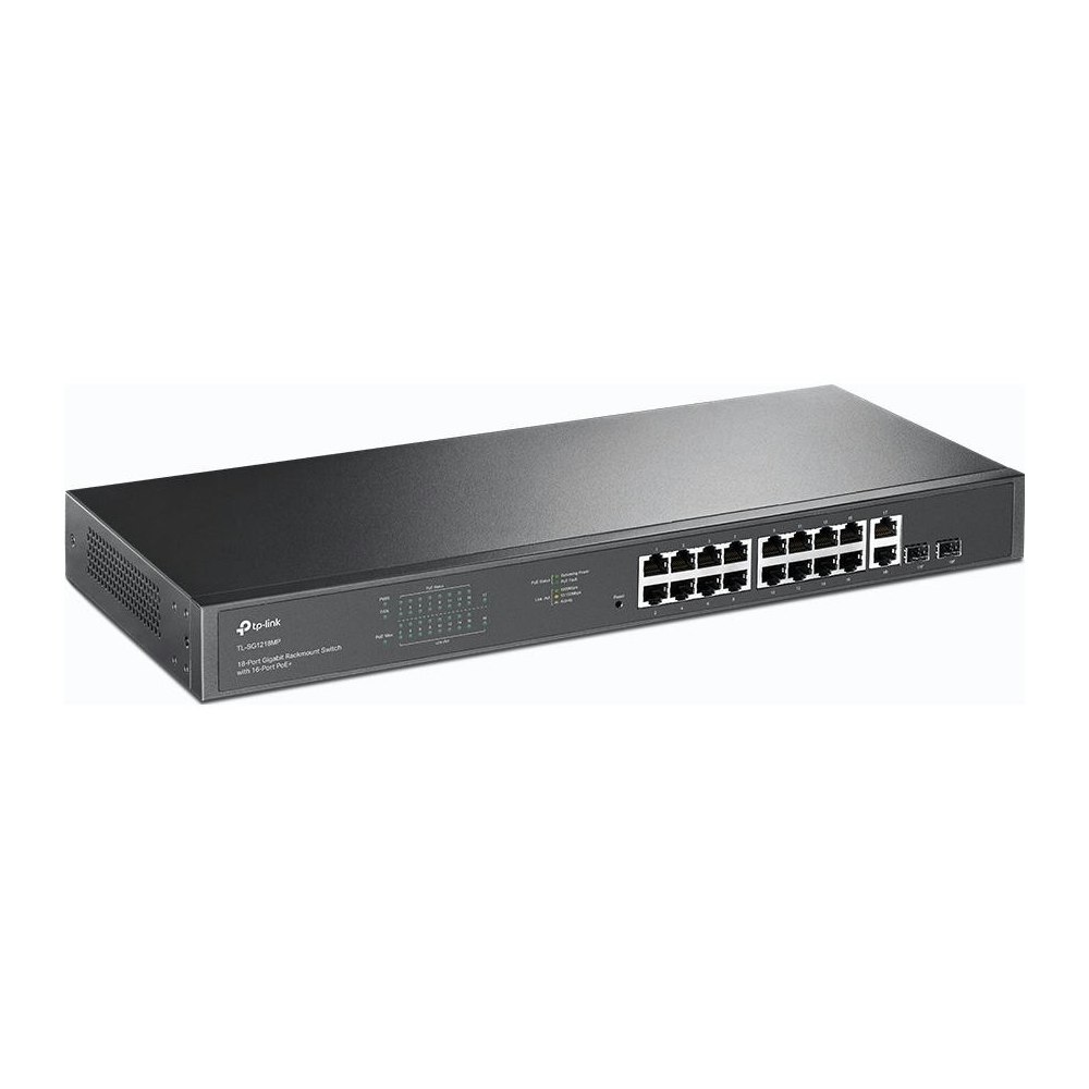 A large main feature product image of TP-Link SG1218MP - 18-Port Gigabit Rackmount Switch with 16 PoE+