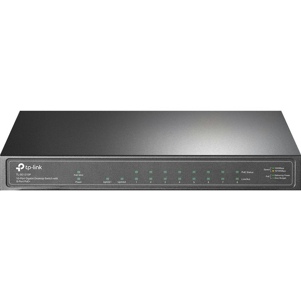 A large main feature product image of TP-Link SG1210P - 10-Port Gigabit Desktop Switch with 8-Port PoE+