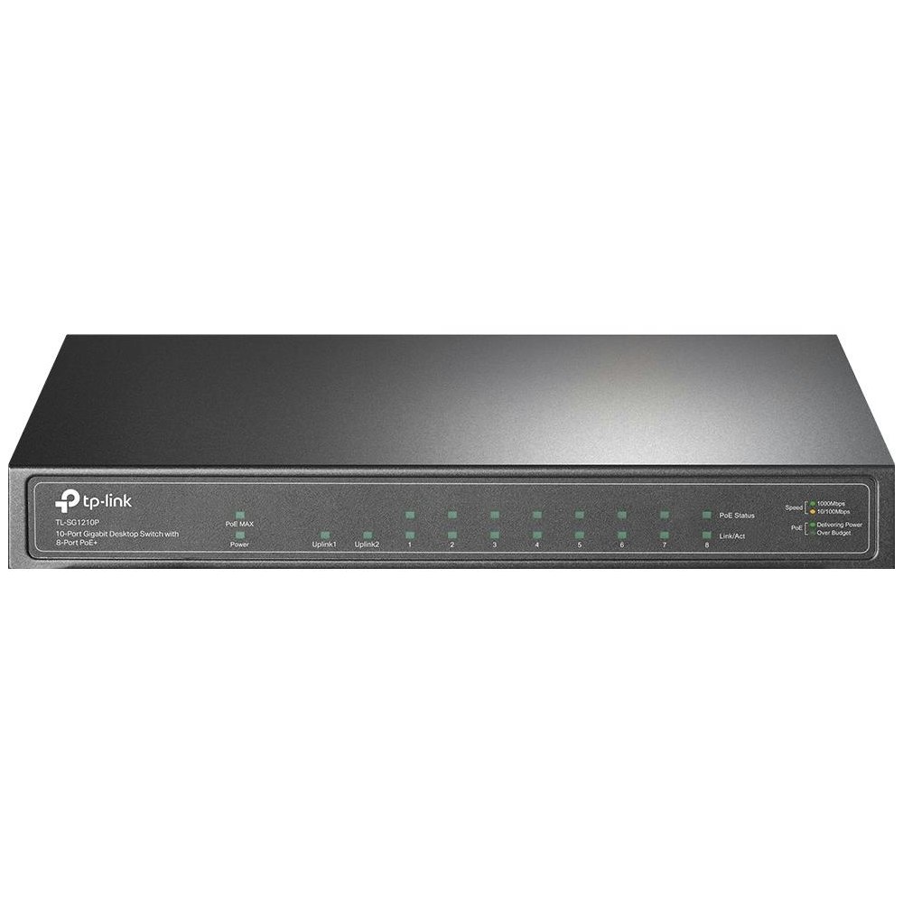 A large main feature product image of TP-Link SG1210P - 10-Port Gigabit Desktop Switch with 8-Port PoE+