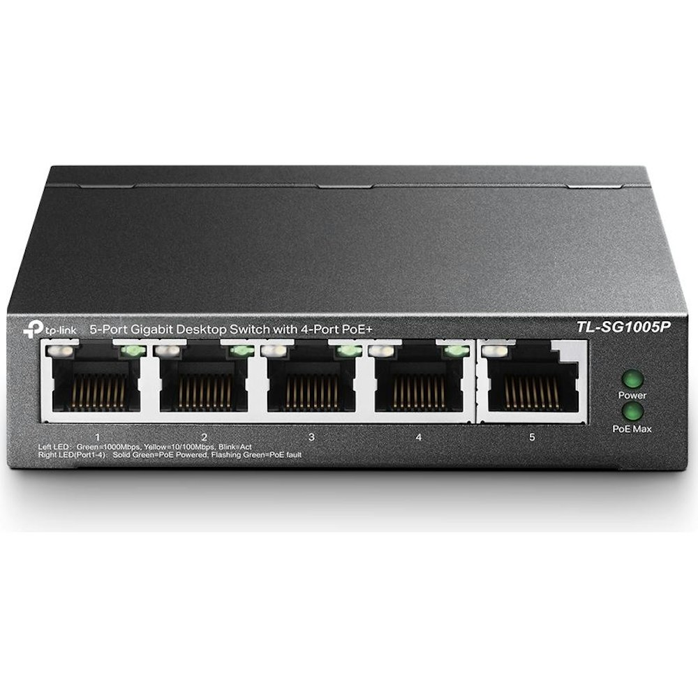 A large main feature product image of TP-Link SG1005P - 5-Port Gigabit Desktop Switch with 4-Port PoE