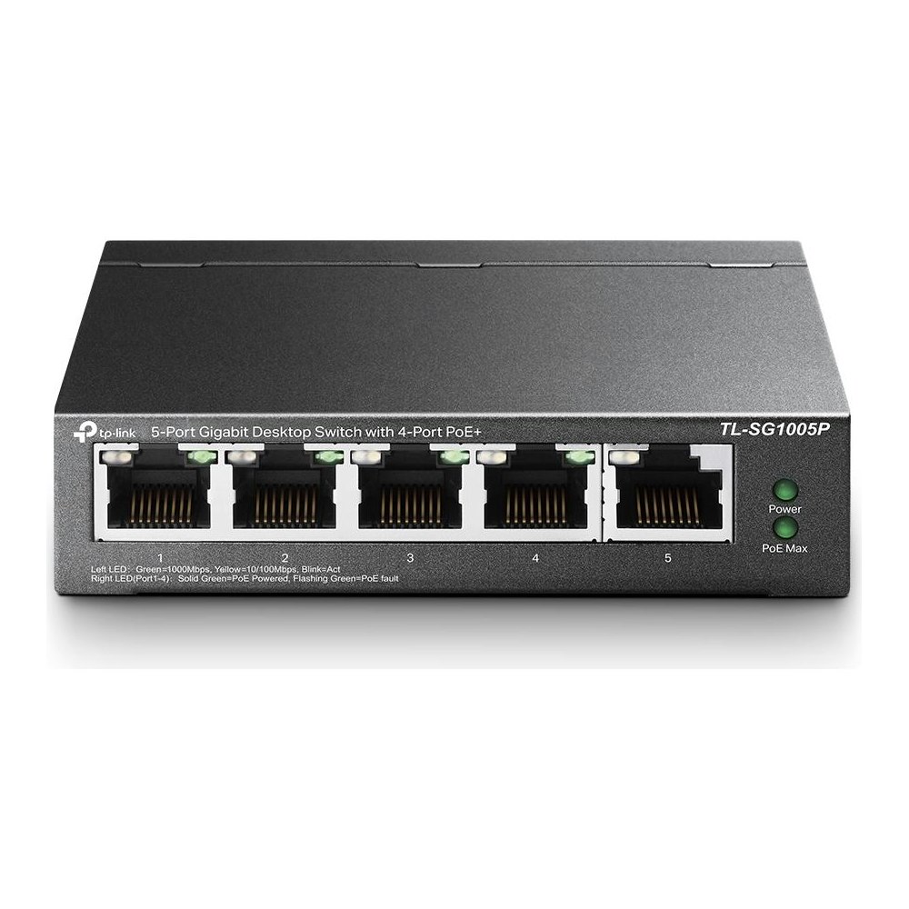 A large main feature product image of TP-Link SG1005P - 5-Port Gigabit Desktop Switch with 4-Port PoE