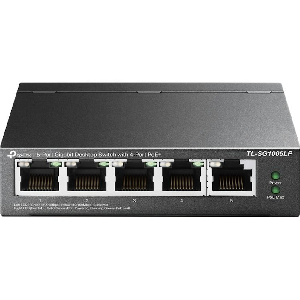 A large main feature product image of TP-Link SG1005LP - 5-Port Gigabit Desktop Switch with 4-Port PoE+
