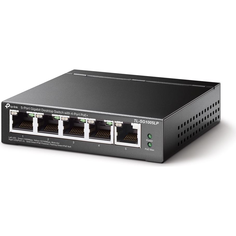 A large main feature product image of TP-Link SG1005LP - 5-Port Gigabit Desktop Switch with 4-Port PoE+