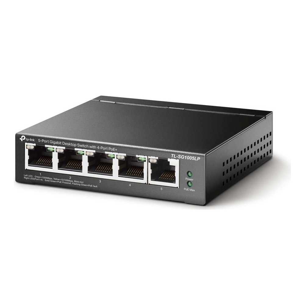 A large main feature product image of TP-Link SG1005LP - 5-Port Gigabit Desktop Switch with 4-Port PoE+