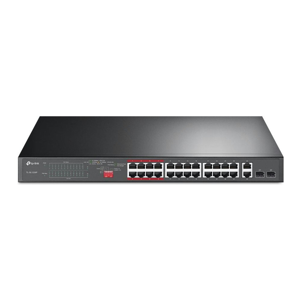 A large main feature product image of TP-Link SL1226P - 24-Port 10/100Mbps + 2-Port Gigabit Unmanaged PoE+ Switch