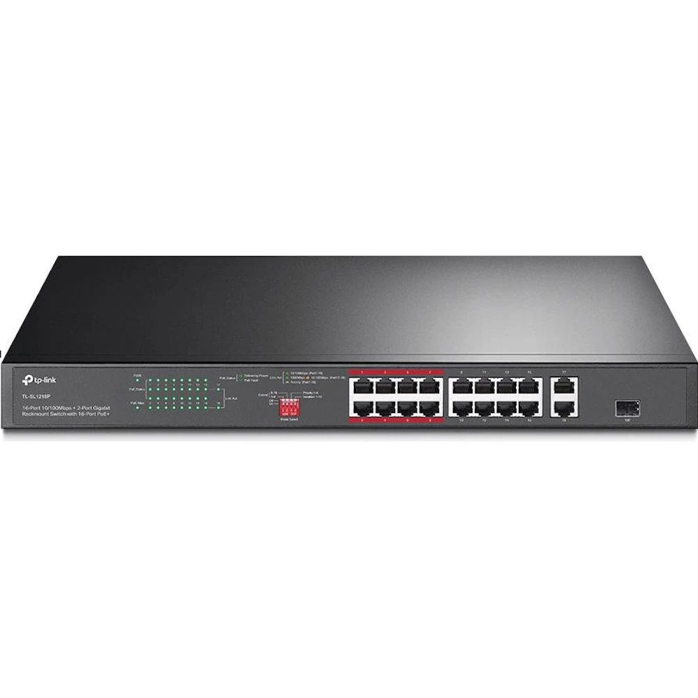 TP-Link SL1218P - 16-Port 10/100 Mbps + 2-Port Gigabit Rackmount Switch with 16-Port PoE+