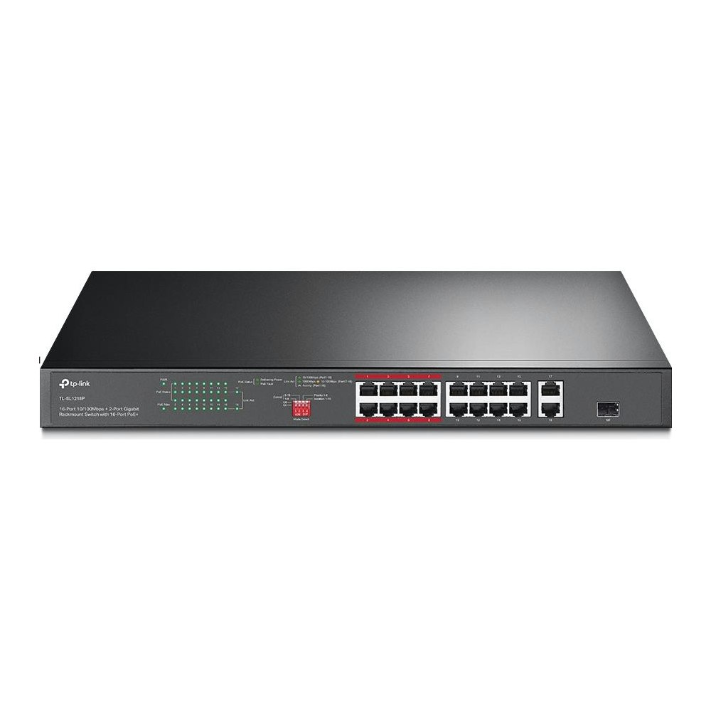 A large main feature product image of TP-Link SL1218P - 16-Port 10/100 Mbps + 2-Port Gigabit Rackmount Switch with 16-Port PoE+