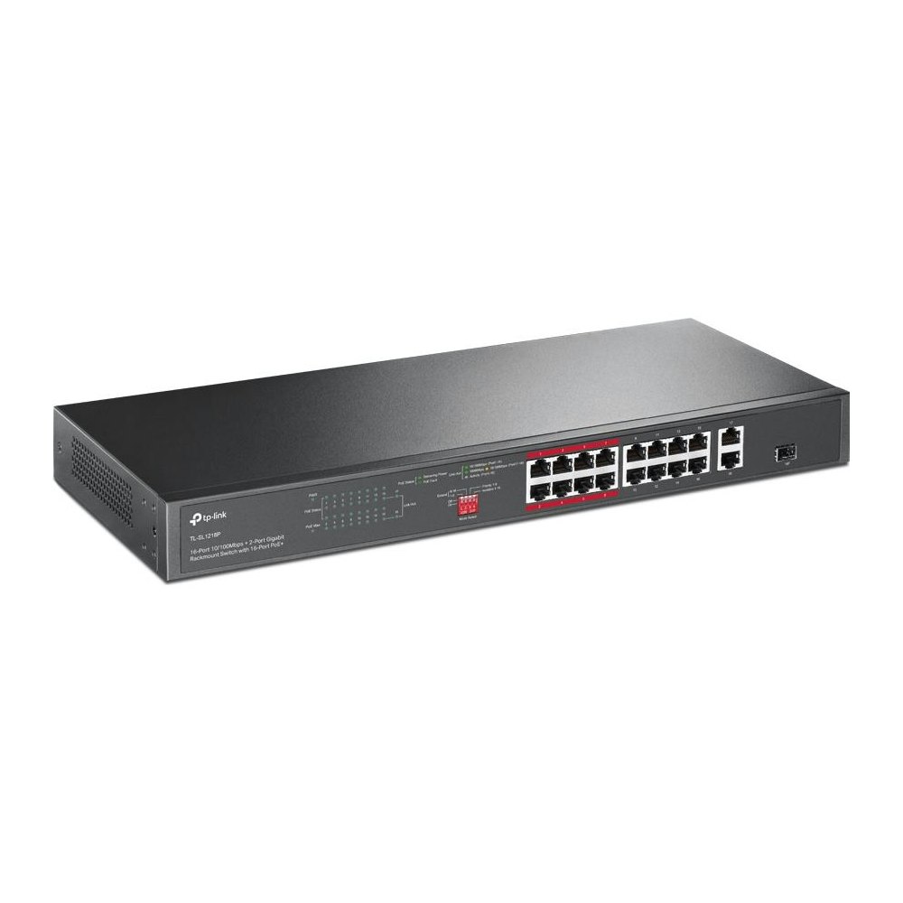 A large main feature product image of TP-Link SL1218P - 16-Port 10/100 Mbps + 2-Port Gigabit Rackmount Switch with 16-Port PoE+