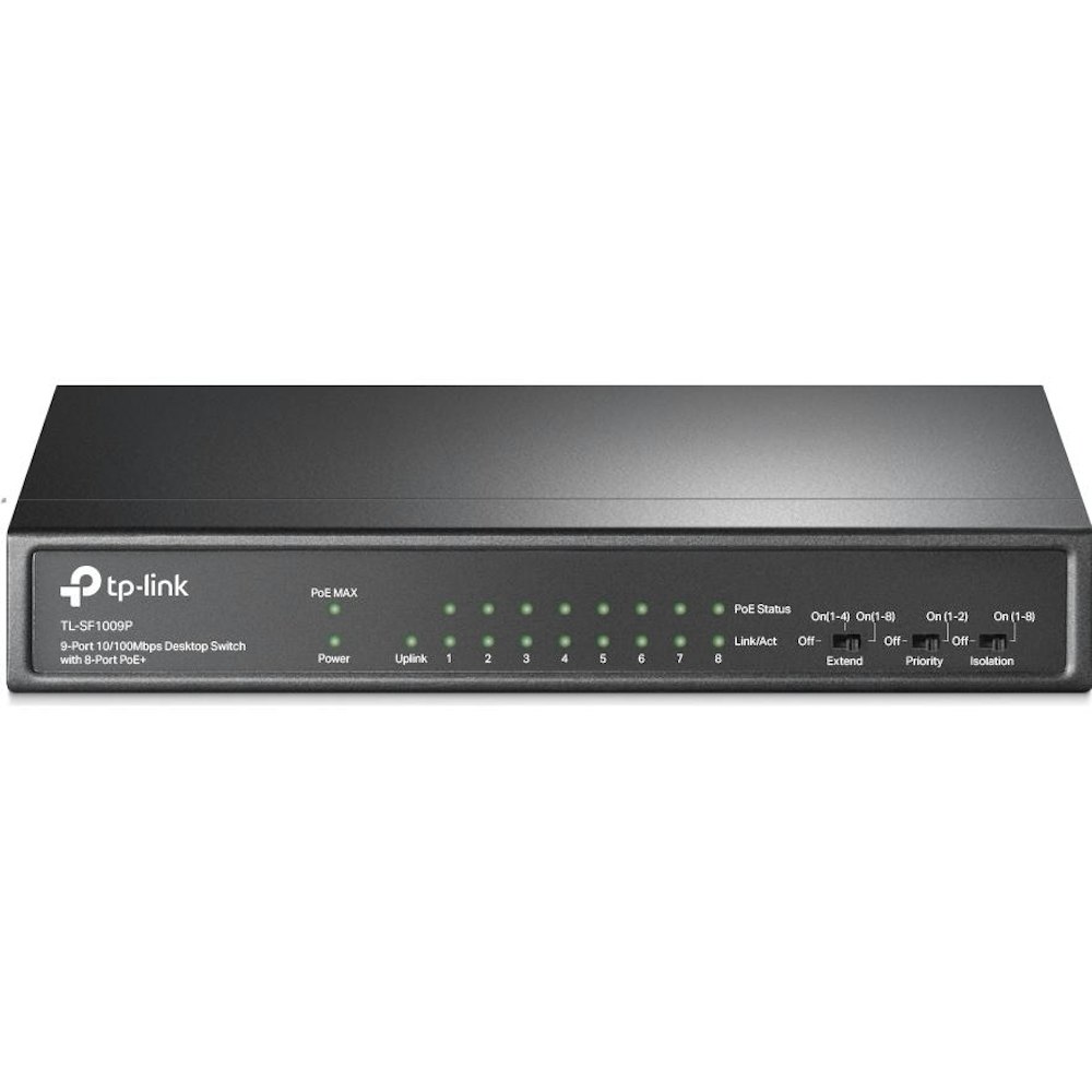 A large main feature product image of TP-Link SF1009P - 9-Port 10/100Mbps Desktop Switch with 8-Port PoE+