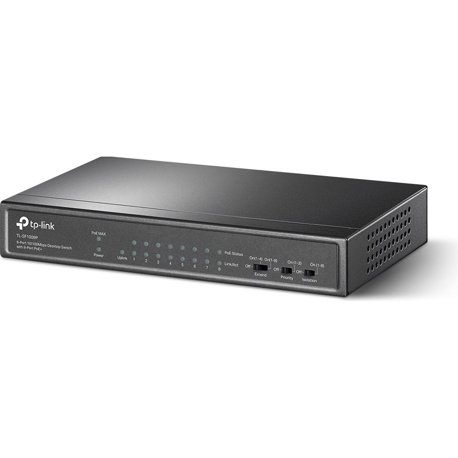 A large main feature product image of TP-Link SF1009P - 9-Port 10/100Mbps Desktop Switch with 8-Port PoE+