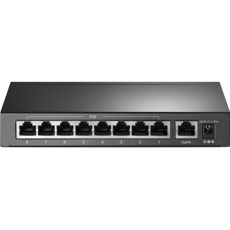 A large main feature product image of TP-Link SF1009P - 9-Port 10/100Mbps Desktop Switch with 8-Port PoE+