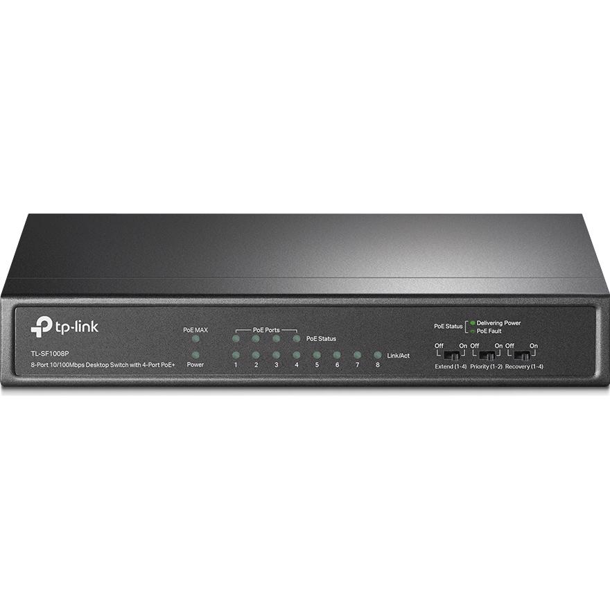 A large main feature product image of TP-Link SF1008P - 8-Port 10/100Mbps Desktop Switch with 4-Port PoE