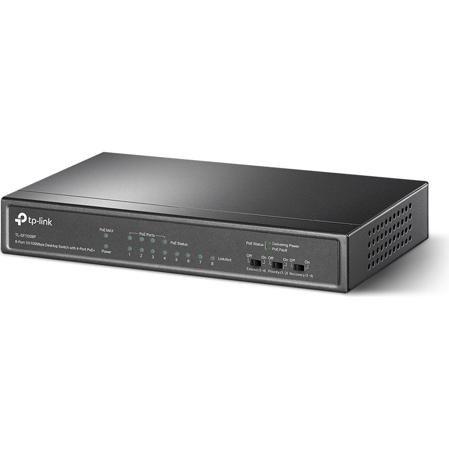A large main feature product image of TP-Link SF1008P - 8-Port 10/100Mbps Desktop Switch with 4-Port PoE