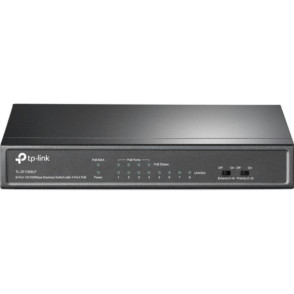 A large main feature product image of TP-Link SF1008LP - 8-Port 10/100Mbps Desktop Switch with 4-Port PoE
