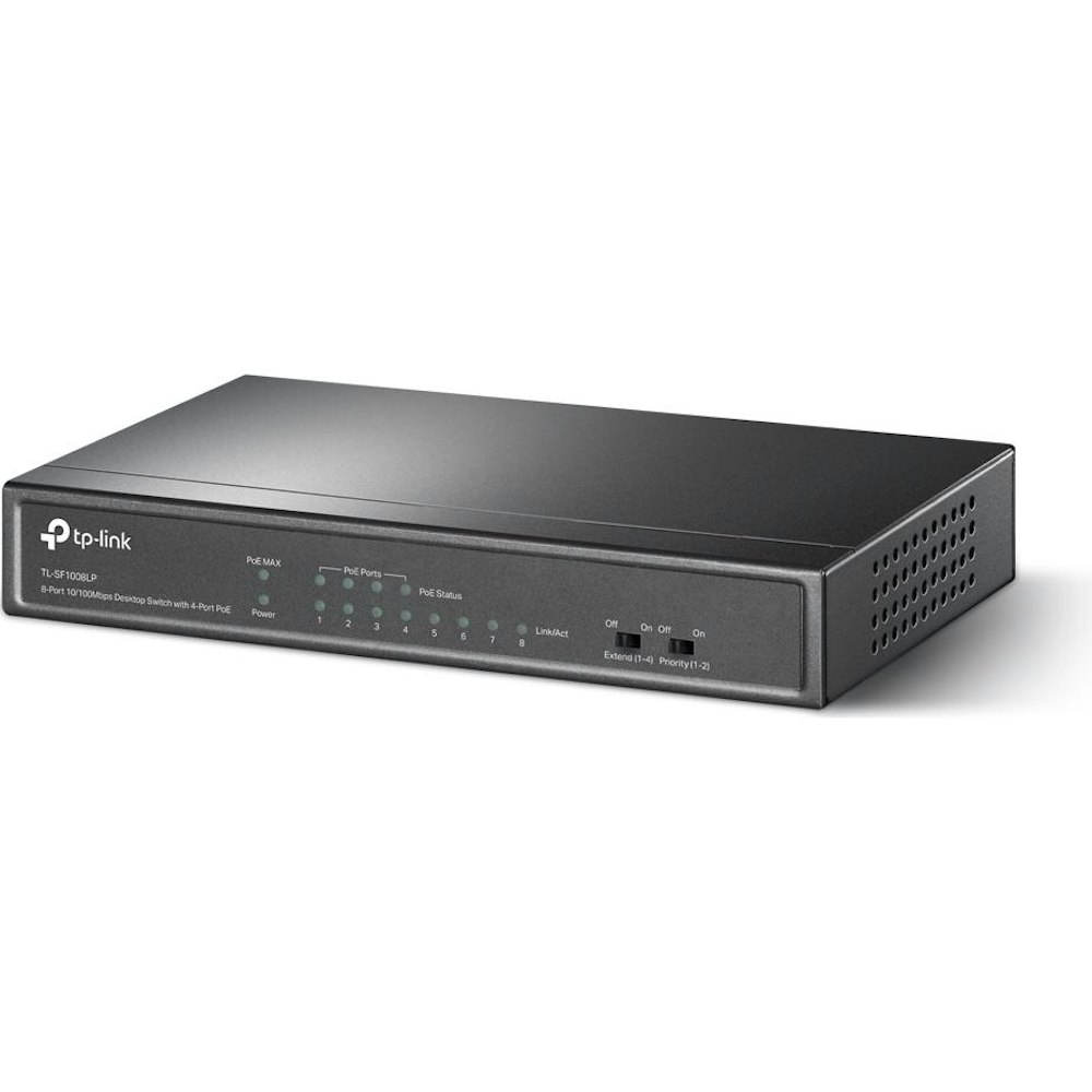 A large main feature product image of TP-Link SF1008LP - 8-Port 10/100Mbps Desktop Switch with 4-Port PoE