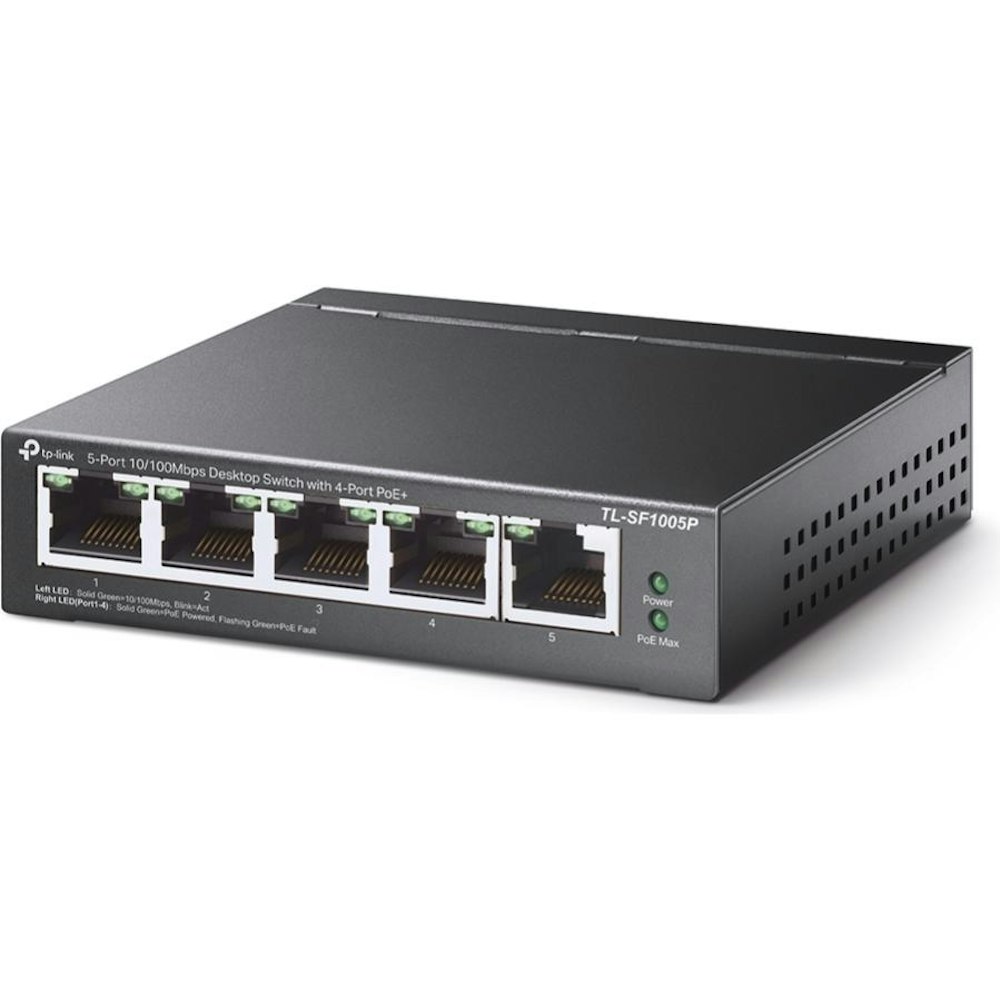 A large main feature product image of TP-Link SF1005P - 5-Port 10/100Mbps Desktop Switch with 4-Port PoE