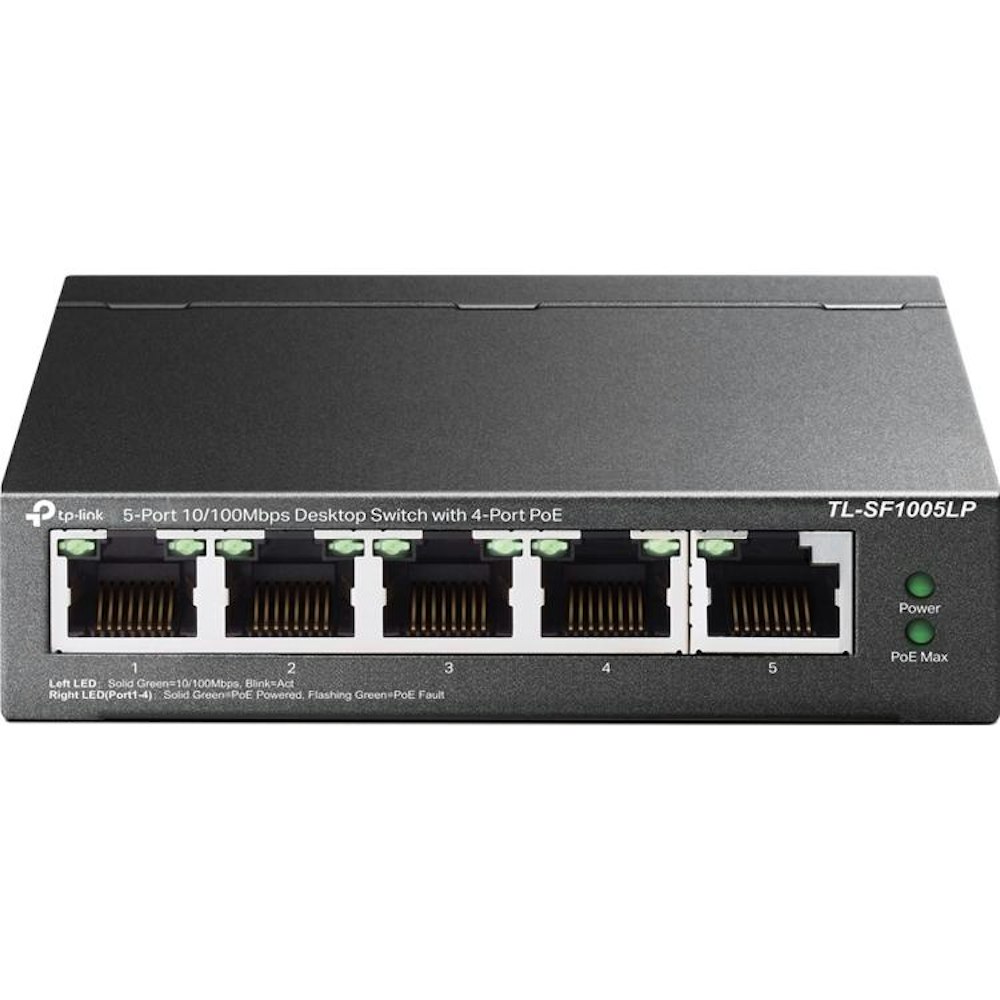 A large main feature product image of TP-Link SF1005LP - 5-Port 10/100Mbps Desktop Switch with 4-Port PoE