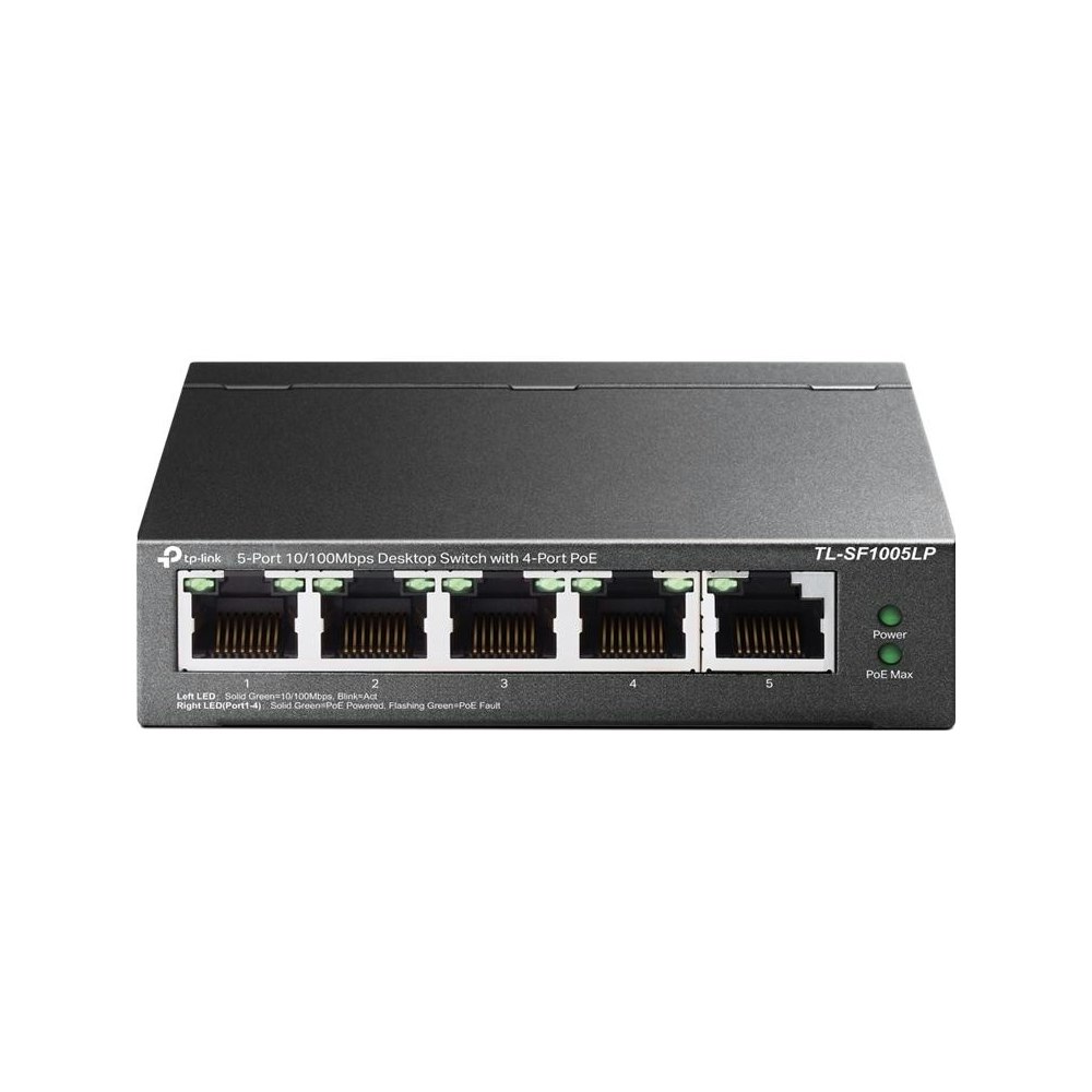 A large main feature product image of TP-Link SF1005LP - 5-Port 10/100Mbps Desktop Switch with 4-Port PoE