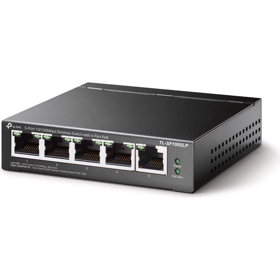 A large main feature product image of TP-Link SF1005LP - 5-Port 10/100Mbps Desktop Switch with 4-Port PoE