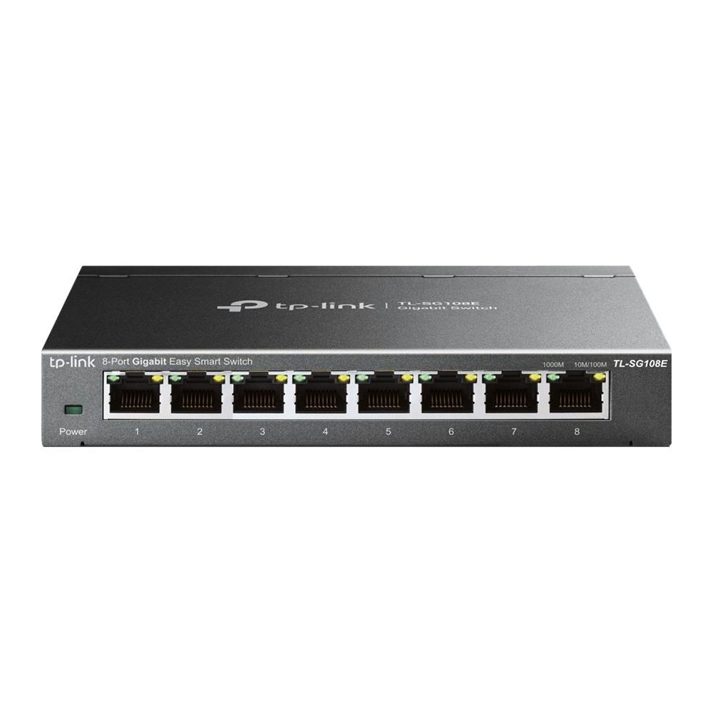 A large main feature product image of TP-Link SG108E - 8-Port Gigabit Unmanaged Pro Switch