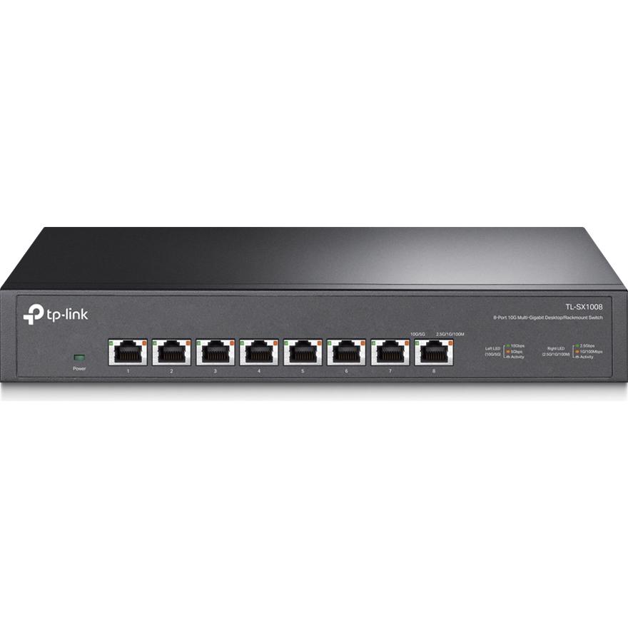 A large main feature product image of TP-Link SX1008 - 8-Port 10GbE Desktop/Rackmount Switch
