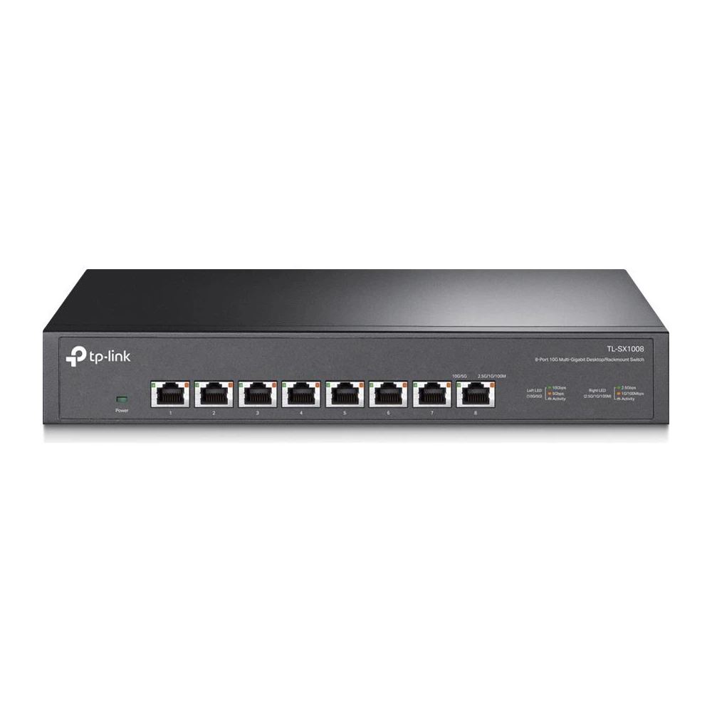 A large main feature product image of TP-Link SX1008 - 8-Port 10GbE Desktop/Rackmount Switch