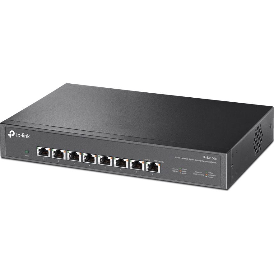 A large main feature product image of TP-Link SX1008 - 8-Port 10GbE Desktop/Rackmount Switch