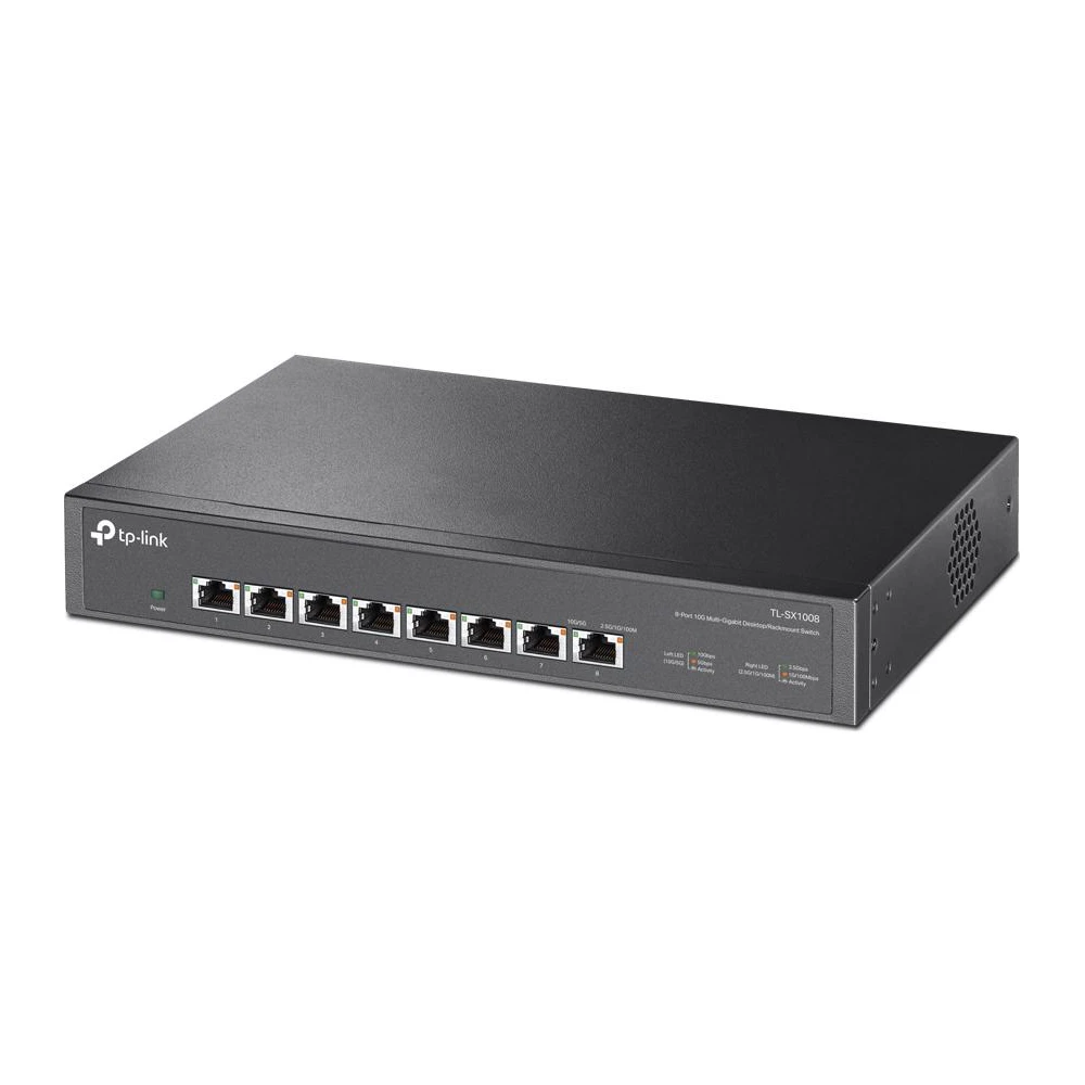 A large main feature product image of TP-Link SX1008 - 8-Port 10GbE Desktop/Rackmount Switch