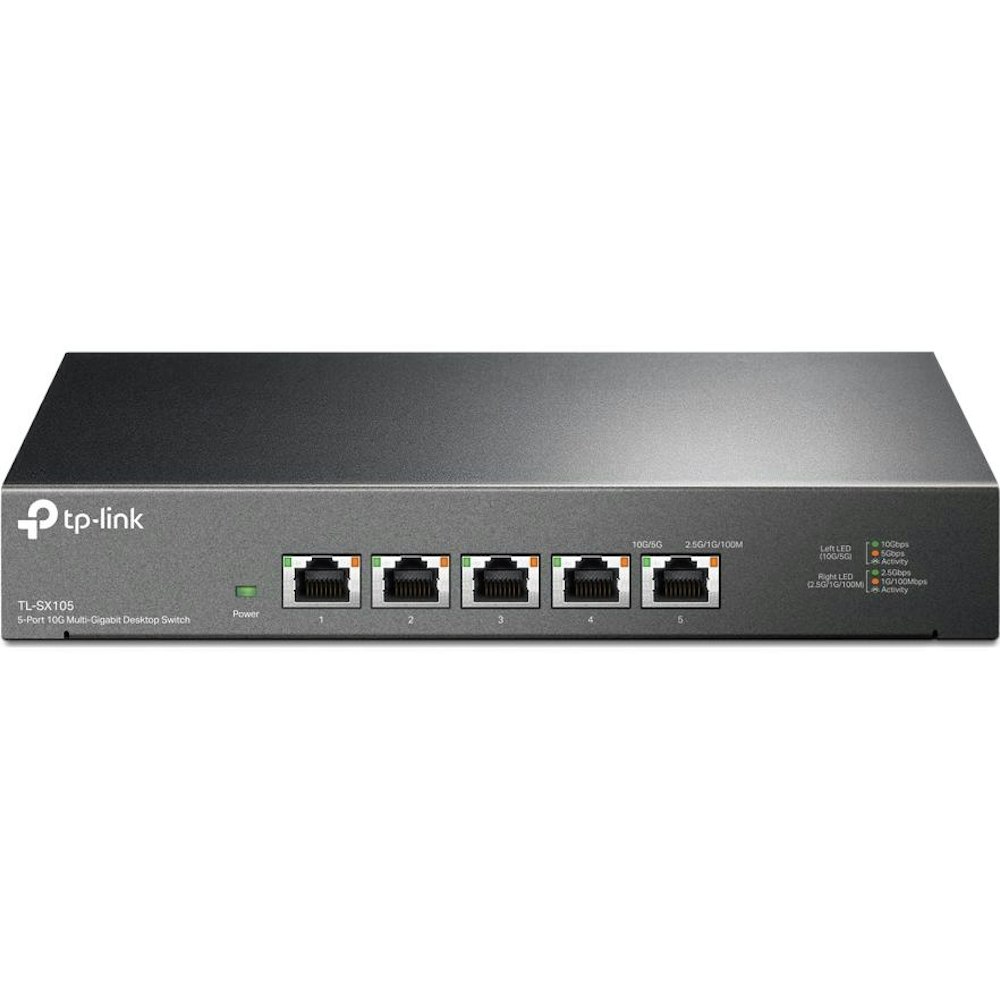 A large main feature product image of TP-Link SX105 - 5-Port 10GbE Desktop Switch