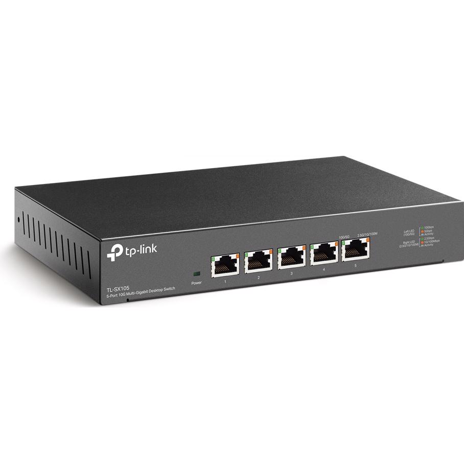 A large main feature product image of TP-Link SX105 - 5-Port 10GbE Desktop Switch