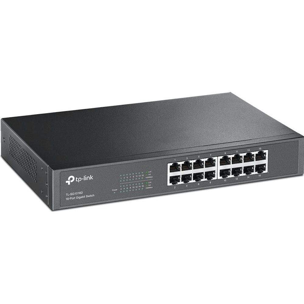 A large main feature product image of TP-Link SG1016D - 16-Port Gigabit Desktop/Rackmount Switch