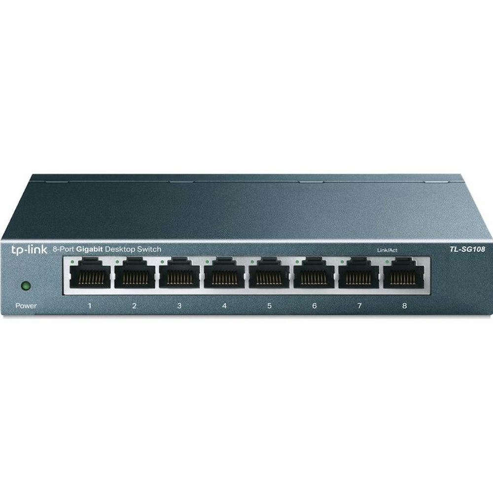A large main feature product image of TP-Link SG108 - 8-Port 10/100/1000Mbps Desktop Switch