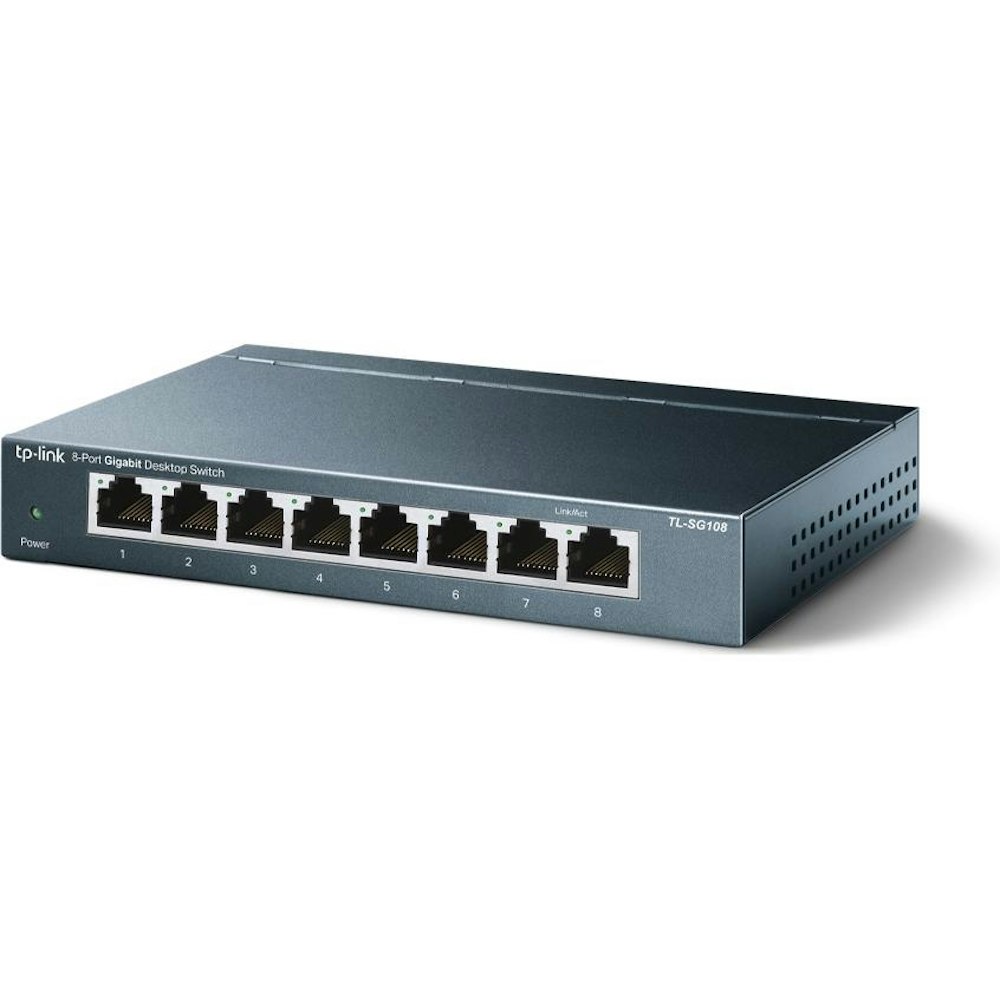 A large main feature product image of TP-Link SG108 - 8-Port 10/100/1000Mbps Desktop Switch