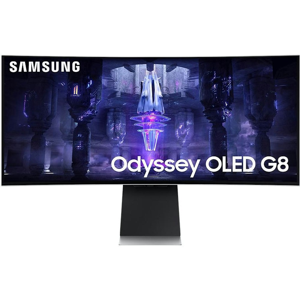 A large main feature product image of Samsung Odyssey OLED G8 34" Curved UWQHD Ultrawide 175Hz QD-OLED Monitor