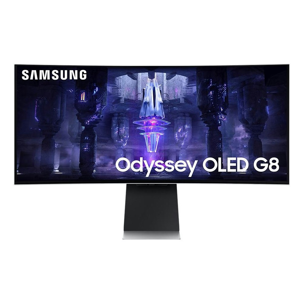 A large main feature product image of Samsung Odyssey OLED G8 34" Curved UWQHD Ultrawide 175Hz QD-OLED Monitor