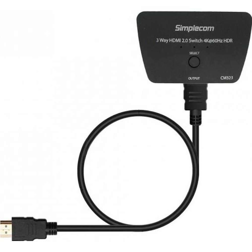 A large main feature product image of Simplecom CM323 3 Way HDMI 2.0 Switch 3 In 1 Out Splitter HDCP 2.2 4K 60Hz HDR