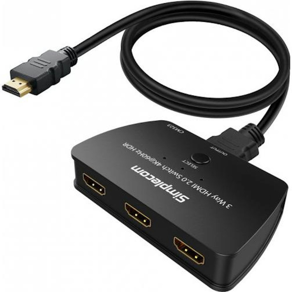 A large main feature product image of Simplecom CM323 3 Way HDMI 2.0 Switch 3 In 1 Out Splitter HDCP 2.2 4K 60Hz HDR