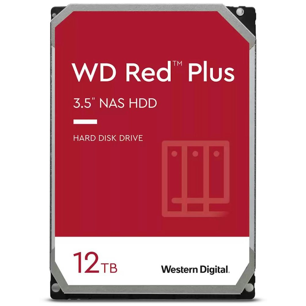 A large main feature product image of WD Red Plus 3.5" NAS HDD - 12TB 256MB