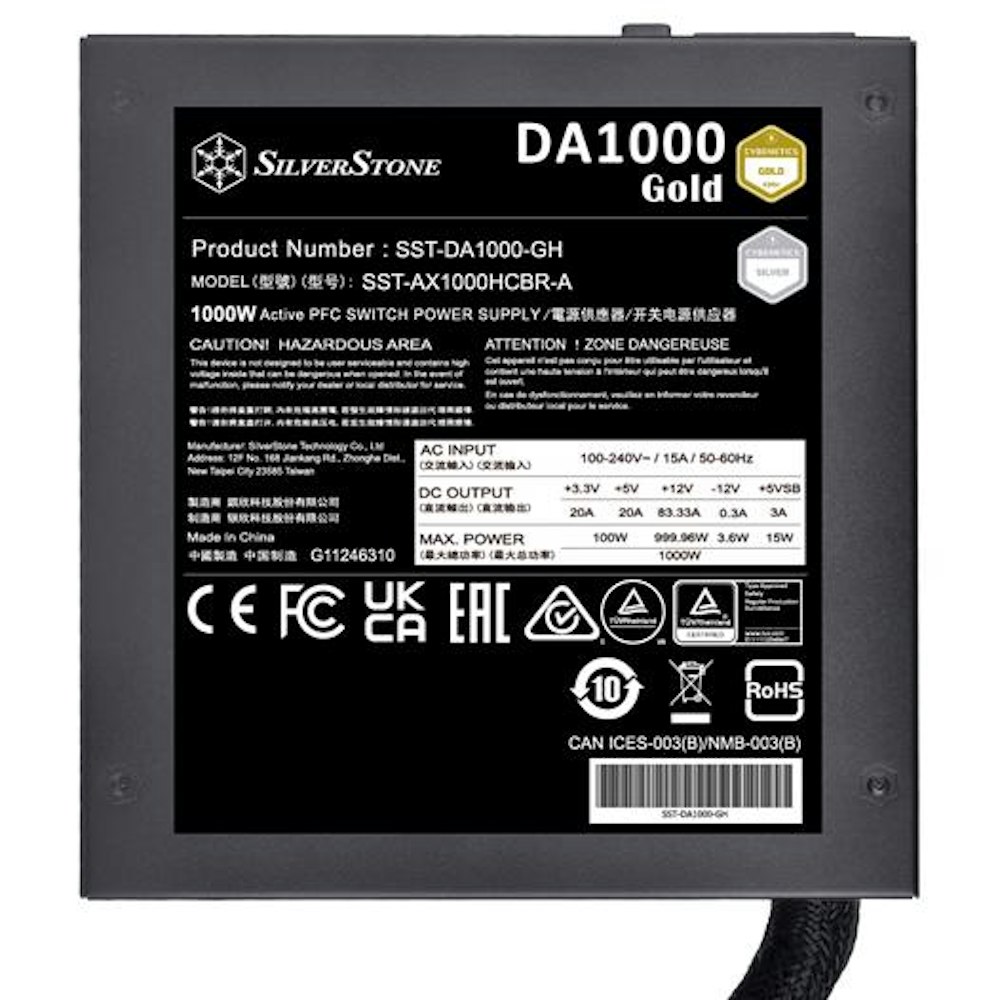 A large main feature product image of SilverStone DA1000-GH Gold ATX Semi-Modular PSU