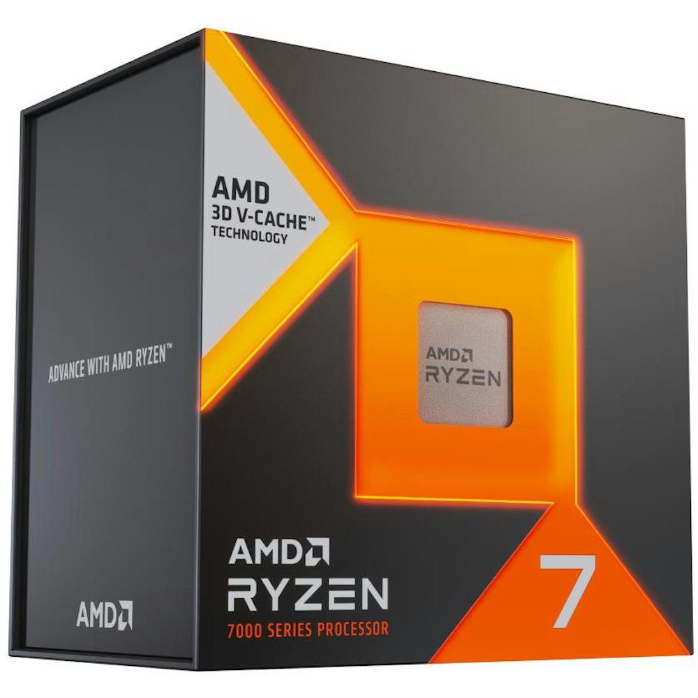 A large main feature product image of AMD Ryzen 7 7800X3D 8 Core 16 Thread Up To 5.0GHz AM5 - No HSF Retail Box